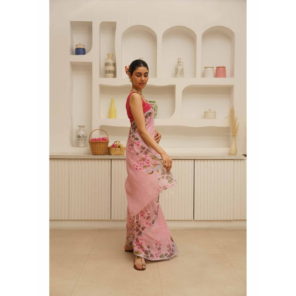 KAVANA Nalini Linen Floral Printed Saree with Unstitched Blouse