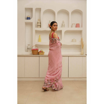 KAVANA Nalini Linen Floral Printed Saree with Unstitched Blouse