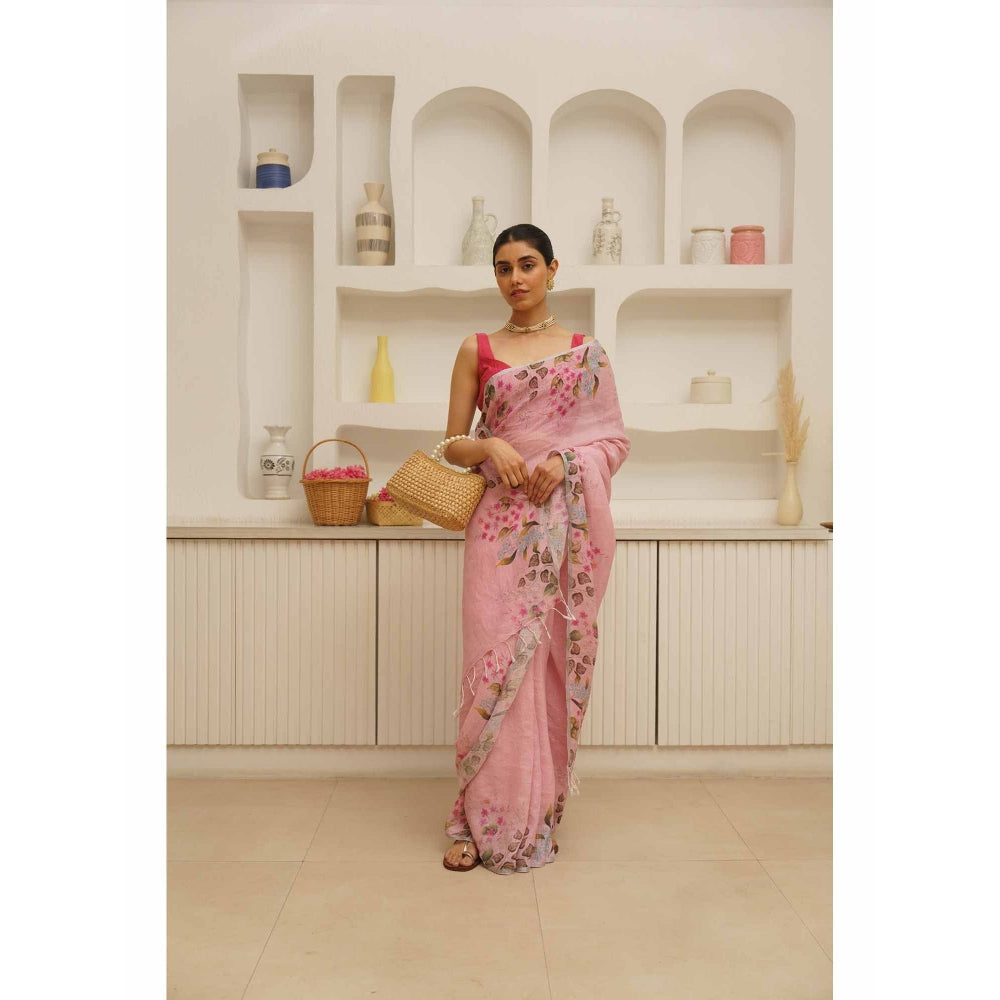 KAVANA Nalini Linen Floral Printed Saree with Unstitched Blouse