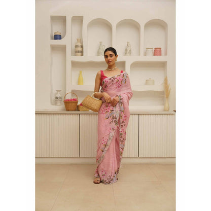 KAVANA Nalini Linen Floral Printed Saree with Unstitched Blouse