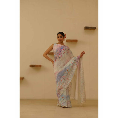 KAVANA Seher Linen Floral Embroidered Saree with Unstitched Blouse