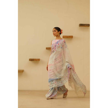 KAVANA Seher Linen Floral Embroidered Saree with Unstitched Blouse