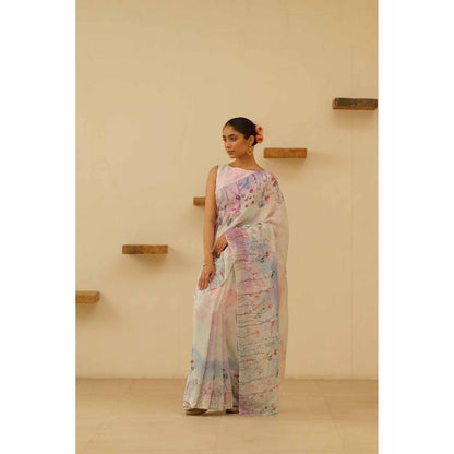 KAVANA Seher Linen Floral Embroidered Saree with Unstitched Blouse