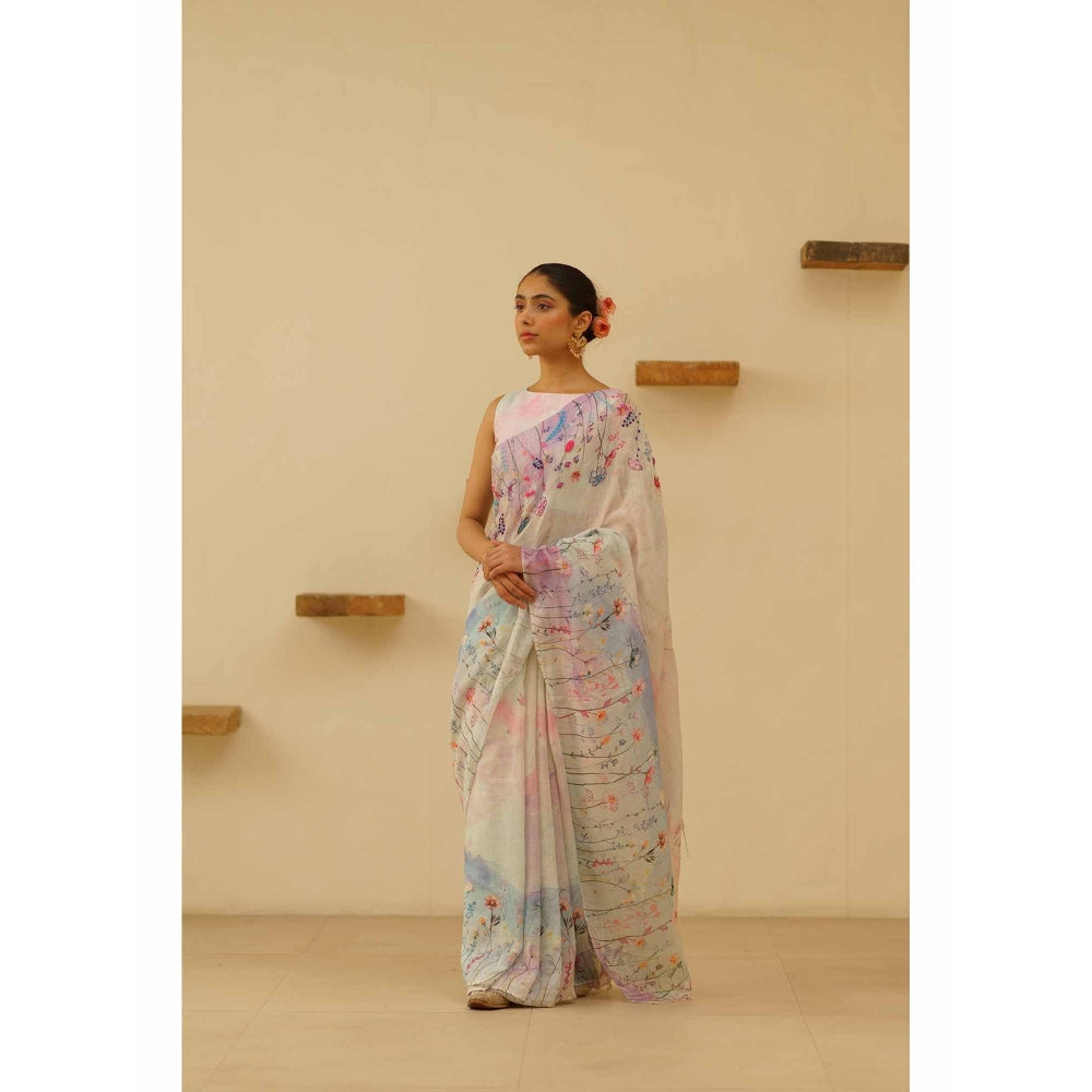 KAVANA Seher Linen Floral Embroidered Saree with Unstitched Blouse