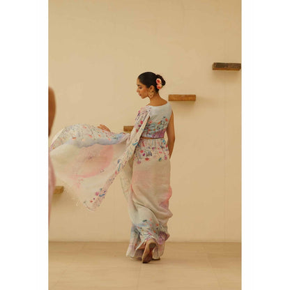 KAVANA Seher Linen Floral Embroidered Saree with Unstitched Blouse