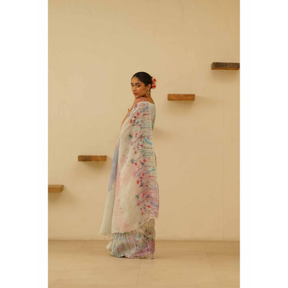 KAVANA Seher Linen Floral Embroidered Saree with Unstitched Blouse