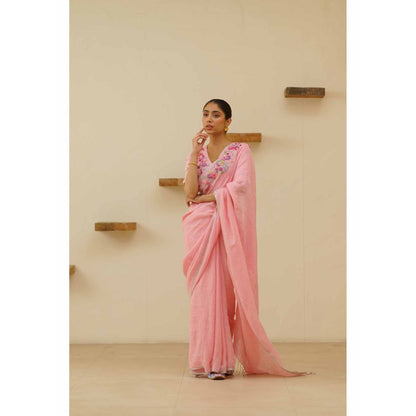 KAVANA Vanya Linen Floral Embroidered Saree with Unstitched Blouse