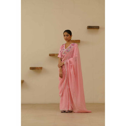 KAVANA Vanya Linen Floral Embroidered Saree with Unstitched Blouse