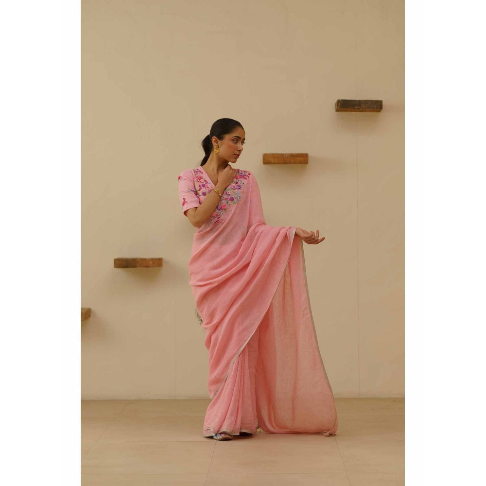 KAVANA Vanya Linen Floral Embroidered Saree with Unstitched Blouse