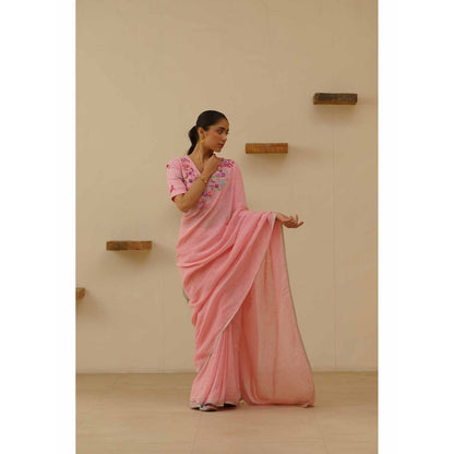 KAVANA Vanya Linen Floral Embroidered Saree with Unstitched Blouse