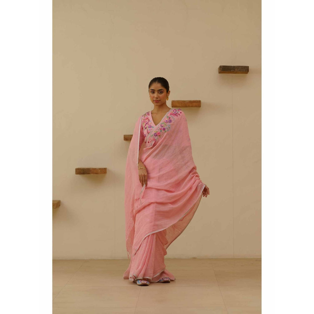 KAVANA Vanya Linen Floral Embroidered Saree with Unstitched Blouse