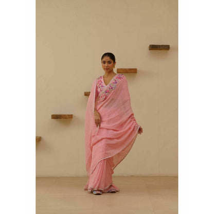 KAVANA Vanya Linen Floral Embroidered Saree with Unstitched Blouse