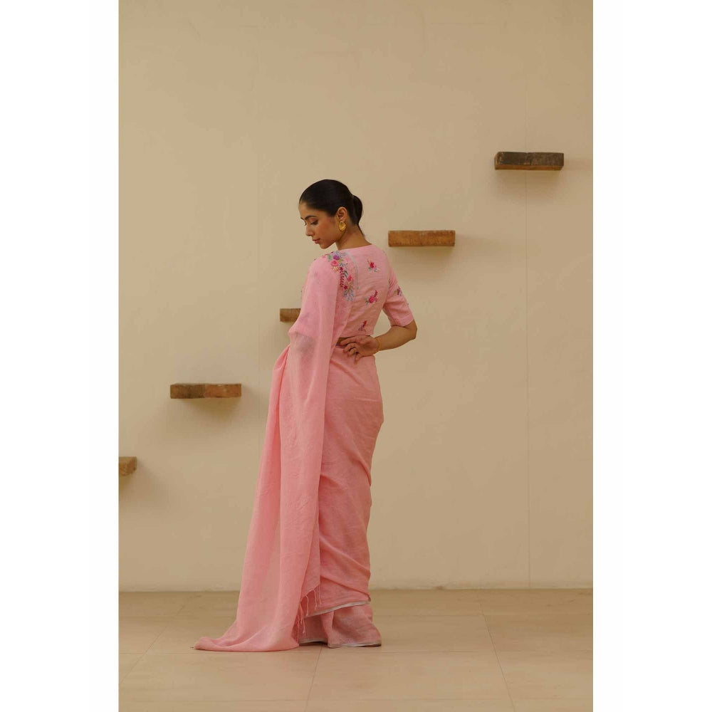 KAVANA Vanya Linen Floral Embroidered Saree with Unstitched Blouse