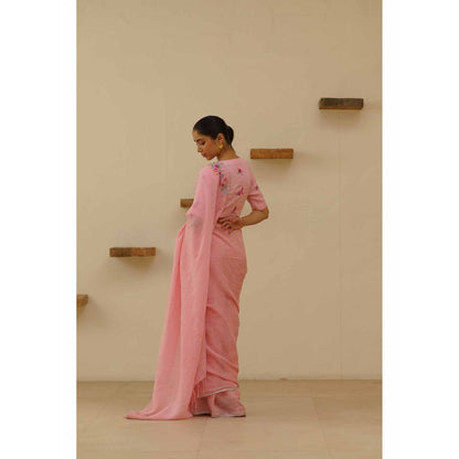 KAVANA Vanya Linen Floral Embroidered Saree with Unstitched Blouse