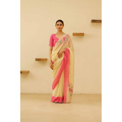 KAVANA Tara Linen Floral Embroidered Saree with Unstitched Blouse