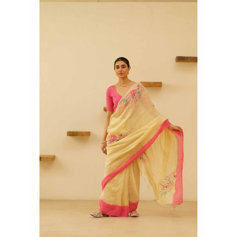 KAVANA Tara Linen Floral Embroidered Saree with Unstitched Blouse