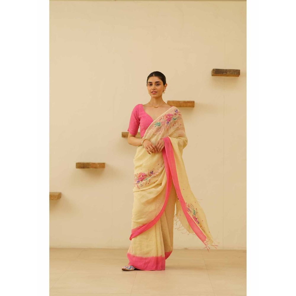 KAVANA Tara Linen Floral Embroidered Saree with Unstitched Blouse