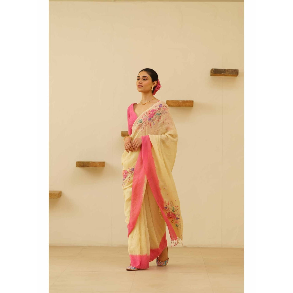 KAVANA Tara Linen Floral Embroidered Saree with Unstitched Blouse