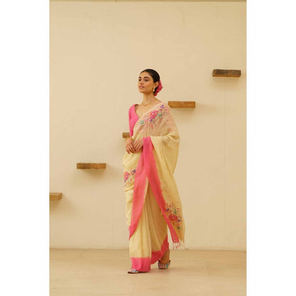 KAVANA Tara Linen Floral Embroidered Saree with Unstitched Blouse