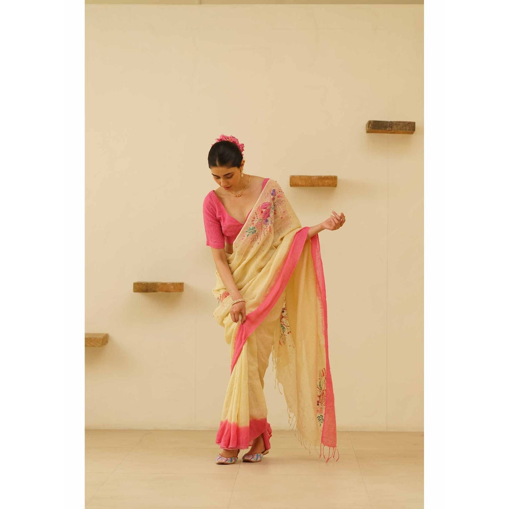 KAVANA Tara Linen Floral Embroidered Saree with Unstitched Blouse