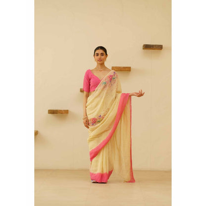KAVANA Tara Linen Floral Embroidered Saree with Unstitched Blouse