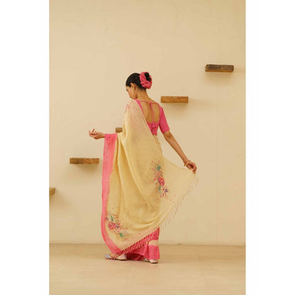 KAVANA Tara Linen Floral Embroidered Saree with Unstitched Blouse