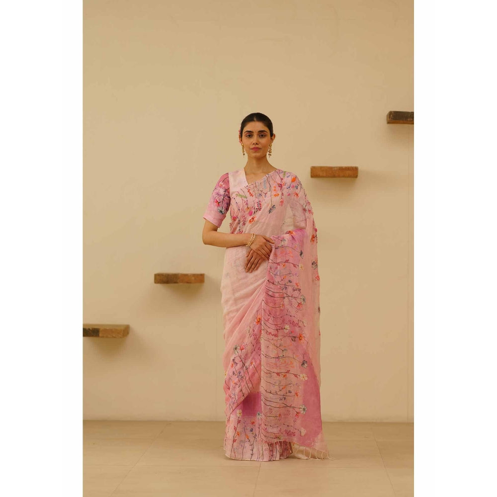 KAVANA Farah Linen Floral Embroidered Saree with Unstitched Blouse