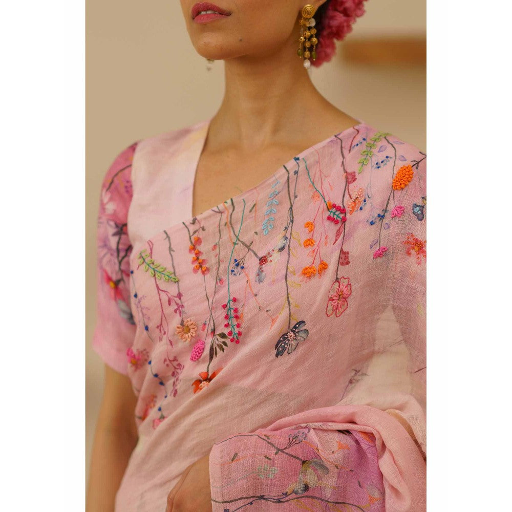 KAVANA Farah Linen Floral Embroidered Saree with Unstitched Blouse