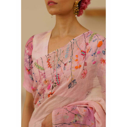 KAVANA Farah Linen Floral Embroidered Saree with Unstitched Blouse