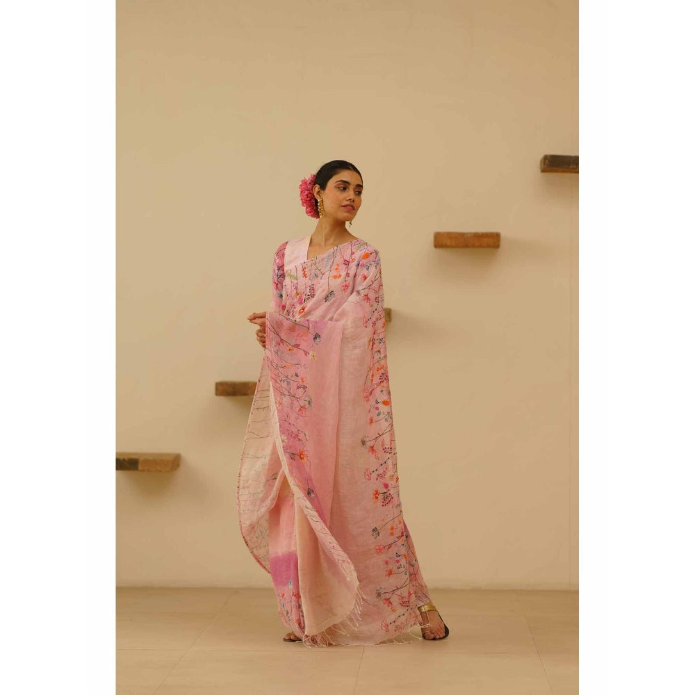 KAVANA Farah Linen Floral Embroidered Saree with Unstitched Blouse