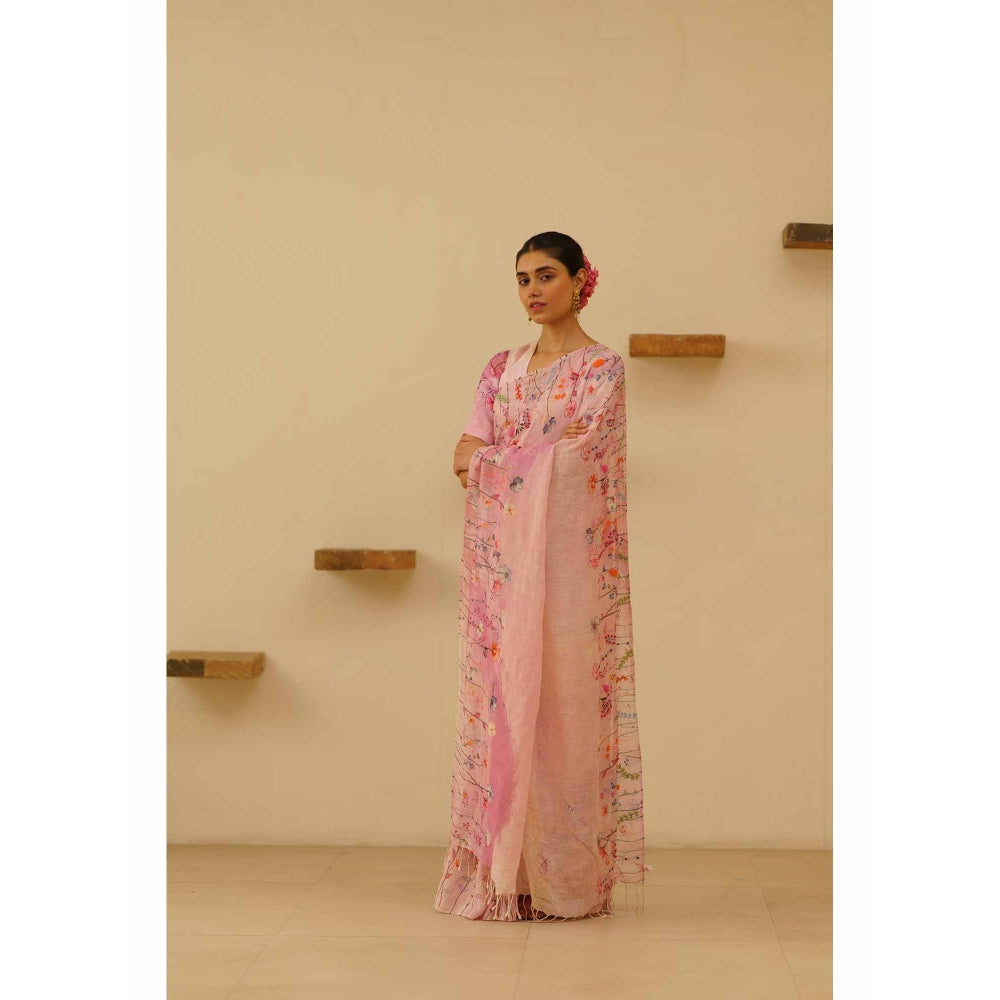 KAVANA Farah Linen Floral Embroidered Saree with Unstitched Blouse