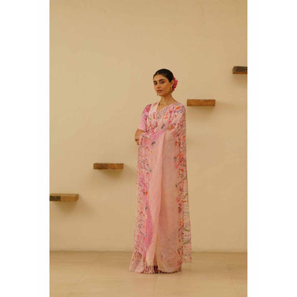 KAVANA Farah Linen Floral Embroidered Saree with Unstitched Blouse
