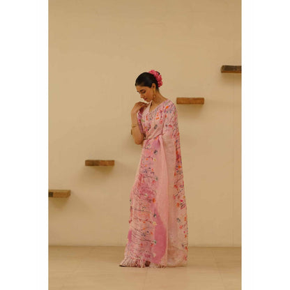 KAVANA Farah Linen Floral Embroidered Saree with Unstitched Blouse