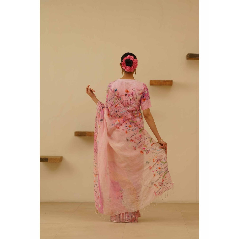 KAVANA Farah Linen Floral Embroidered Saree with Unstitched Blouse
