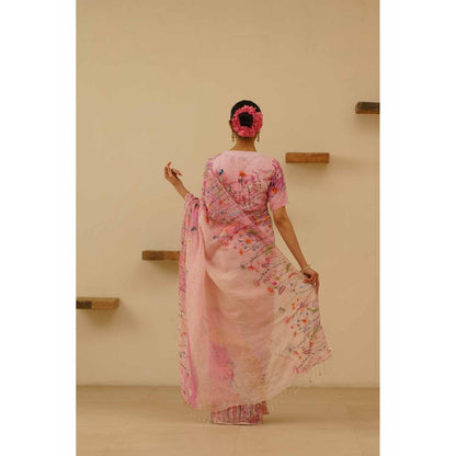 KAVANA Farah Linen Floral Embroidered Saree with Unstitched Blouse