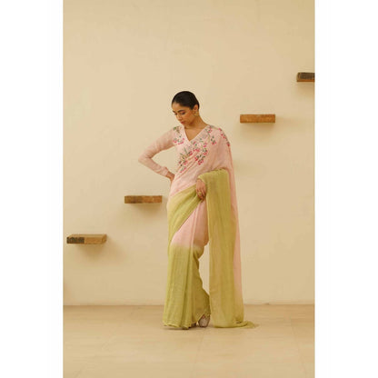 KAVANA Gulnoor Linen Floral Embroidered Saree with Unstitched Blouse
