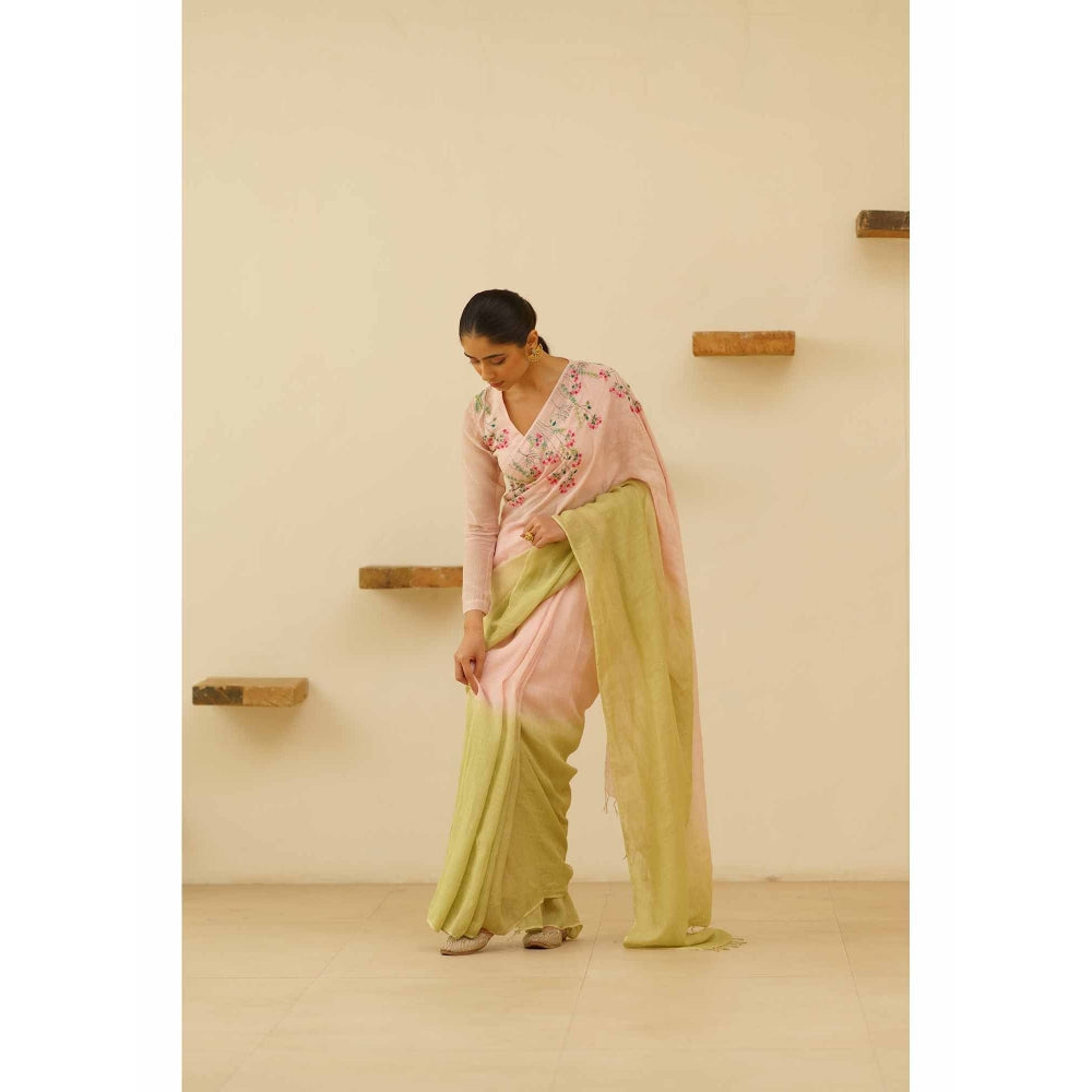 KAVANA Gulnoor Linen Floral Embroidered Saree with Unstitched Blouse