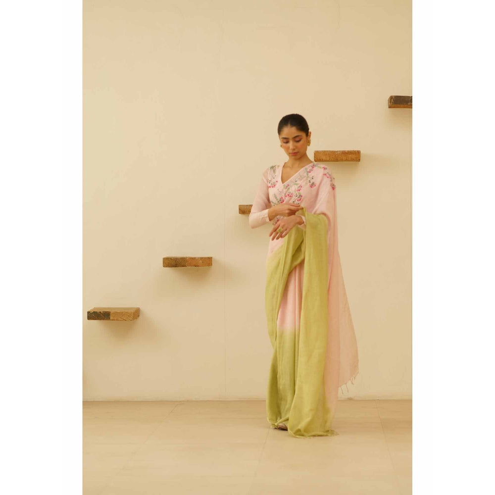 KAVANA Gulnoor Linen Floral Embroidered Saree with Unstitched Blouse