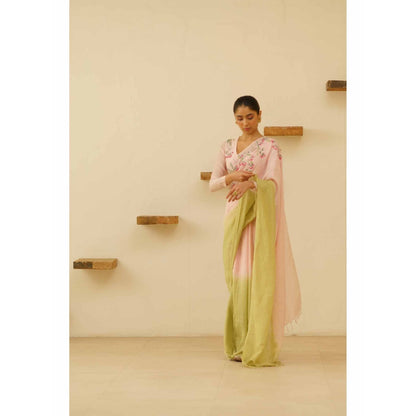 KAVANA Gulnoor Linen Floral Embroidered Saree with Unstitched Blouse