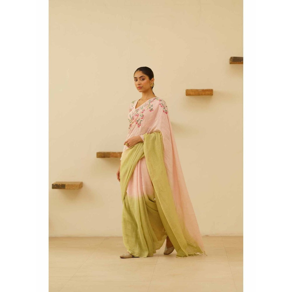 KAVANA Gulnoor Linen Floral Embroidered Saree with Unstitched Blouse