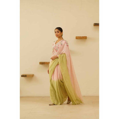 KAVANA Gulnoor Linen Floral Embroidered Saree with Unstitched Blouse