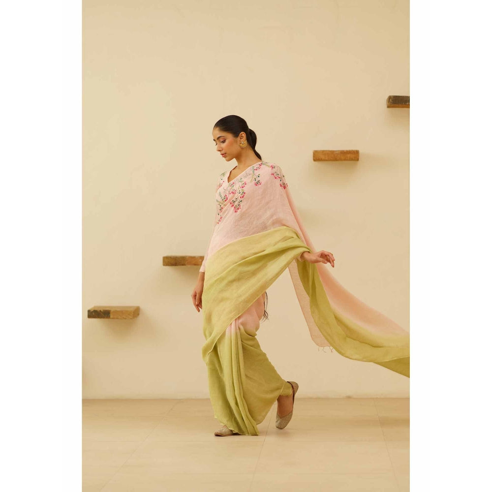 KAVANA Gulnoor Linen Floral Embroidered Saree with Unstitched Blouse