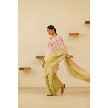 KAVANA Gulnoor Linen Floral Embroidered Saree with Unstitched Blouse