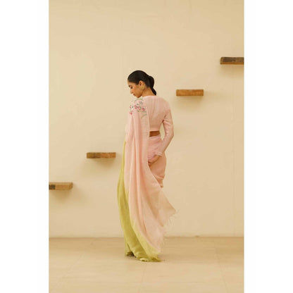 KAVANA Gulnoor Linen Floral Embroidered Saree with Unstitched Blouse