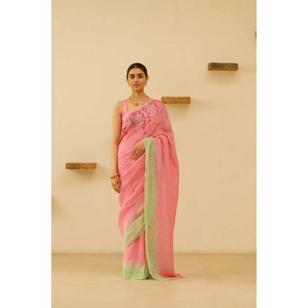 KAVANA Nira Linen Floral Embroidered Saree with Unstitched Blouse