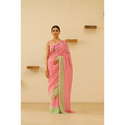 KAVANA Nira Linen Floral Embroidered Saree with Unstitched Blouse