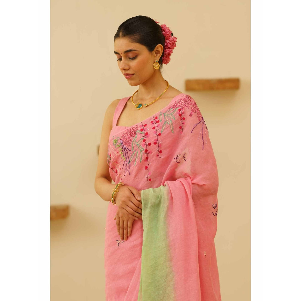 KAVANA Nira Linen Floral Embroidered Saree with Unstitched Blouse