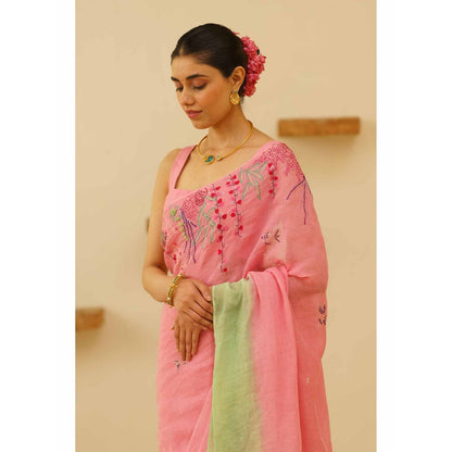 KAVANA Nira Linen Floral Embroidered Saree with Unstitched Blouse