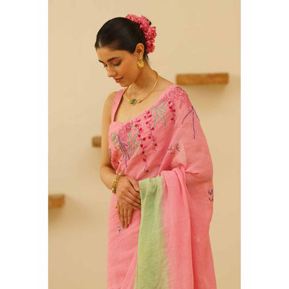 KAVANA Nira Linen Floral Embroidered Saree with Unstitched Blouse