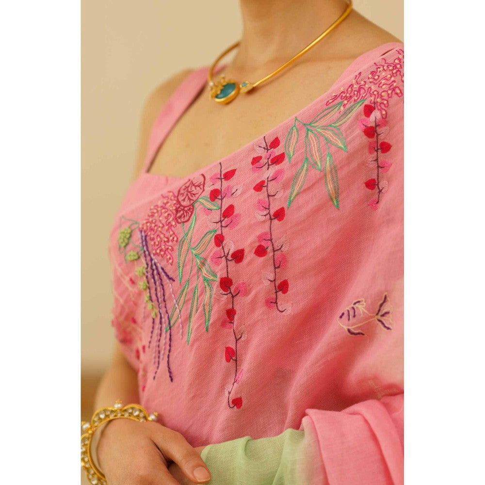 KAVANA Nira Linen Floral Embroidered Saree with Unstitched Blouse